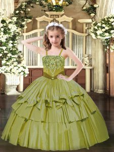 Glorious Olive Green Lace Up Pageant Dress Wholesale Beading and Ruffled Layers Sleeveless Floor Length