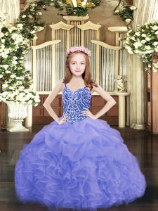 Perfect Blue Little Girls Pageant Dress Party and Quinceanera with Beading and Ruffles and Pick Ups Spaghetti Straps Sleeveless Lace Up