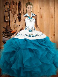 Latest Ball Gowns Quinceanera Gown Teal Halter Top Tulle Sleeveless Floor Length Lace Up