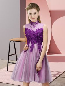 Stunning Lilac Empire High-neck Sleeveless Tulle Knee Length Lace Up Appliques Quinceanera Dama Dress