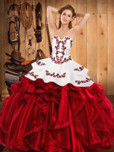 Wine Red Sleeveless Embroidery and Ruffles Floor Length Quince Ball Gowns