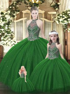 Halter Top Sleeveless Lace Up Sweet 16 Dresses Dark Green Tulle