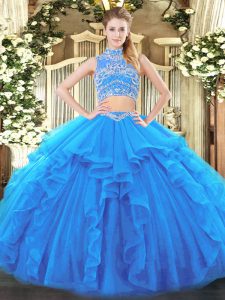Baby Blue Backless High-neck Beading and Ruffles Quinceanera Gown Tulle Sleeveless