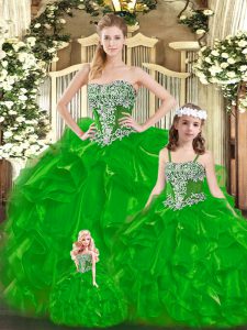 Floor Length Green Ball Gown Prom Dress Organza Sleeveless Beading and Ruffles