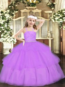 Sleeveless Floor Length Beading and Lace Zipper Pageant Dress for Womens with Lavender