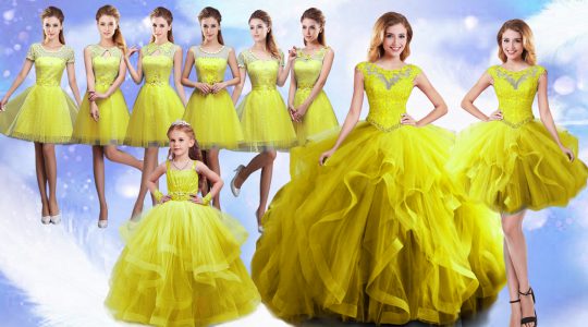 Spectacular Sleeveless Organza Floor Length Lace Up Sweet 16 Dress in Yellow with Beading and Ruffles