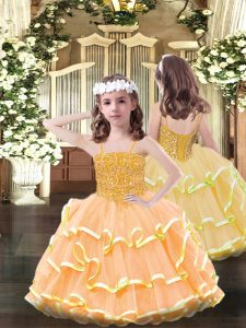 Elegant Sleeveless Organza Floor Length Lace Up Little Girl Pageant Gowns in Orange with Beading and Ruffled Layers