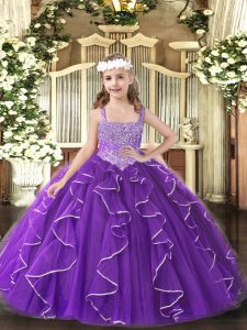 Purple Ball Gowns Beading and Ruffles Pageant Gowns For Girls Lace Up Tulle Sleeveless Floor Length
