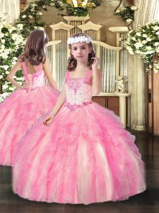 Elegant Rose Pink Ball Gowns Beading and Ruffles Kids Formal Wear Lace Up Organza Sleeveless Floor Length