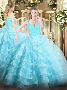 Floor Length Aqua Blue Sweet 16 Dress Organza Sleeveless Ruffled Layers