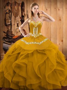 Glamorous Embroidery and Ruffles Sweet 16 Dresses Gold Lace Up Sleeveless Floor Length