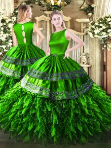 Green Ball Gowns Satin and Organza Scoop Sleeveless Ruffles Floor Length Clasp Handle Quinceanera Dresses