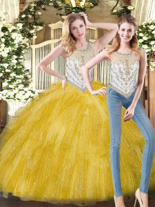 Latest Yellow Ball Gowns Beading and Ruffles Sweet 16 Dress Zipper Organza Sleeveless Floor Length