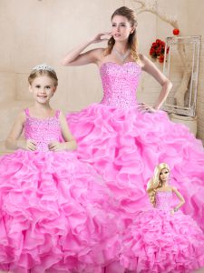 Edgy Rose Pink Sweetheart Lace Up Beading and Ruffles Sweet 16 Quinceanera Dress Sleeveless