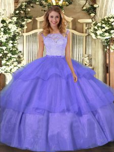 Scoop Sleeveless Quince Ball Gowns Floor Length Lace and Ruffled Layers Lavender Organza