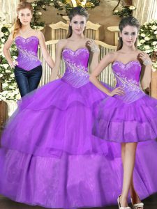 Dramatic Sleeveless Floor Length Beading and Ruffled Layers Lace Up Quinceanera Gown with Eggplant Purple