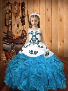 Blue Lace Up Straps Embroidery and Ruffles High School Pageant Dress Organza Sleeveless