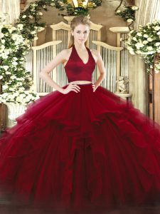 Trendy Wine Red Sleeveless Floor Length Ruffles Zipper Sweet 16 Dresses