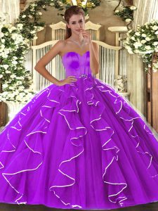 Vintage Floor Length Lace Up Ball Gown Prom Dress Eggplant Purple for Military Ball and Sweet 16 and Quinceanera with Beading and Ruffles
