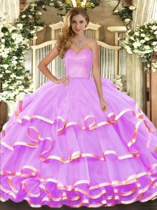 Trendy Lilac Sleeveless Floor Length Ruffled Layers Lace Up Sweet 16 Dresses