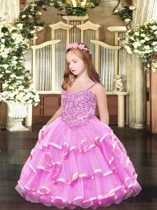 Rose Pink Spaghetti Straps Lace Up Appliques and Ruffled Layers Kids Pageant Dress Sleeveless