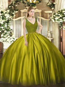 Olive Green Ball Gowns Satin V-neck Sleeveless Beading and Lace Floor Length Backless Quince Ball Gowns