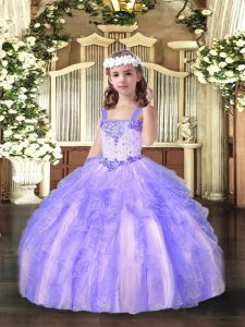 Perfect Floor Length Lavender Little Girls Pageant Gowns Straps Sleeveless Lace Up