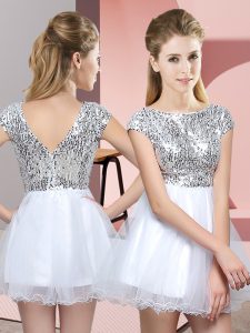 White A-line Scoop Cap Sleeves Tulle Mini Length Zipper Sequins Court Dresses for Sweet 16