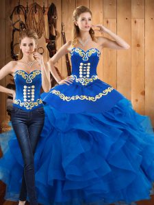 Blue Ball Gowns Sweetheart Sleeveless Satin and Organza Floor Length Lace Up Embroidery and Ruffles 15 Quinceanera Dress