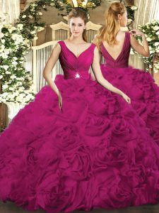 Fuchsia Ball Gowns Beading 15th Birthday Dress Backless Fabric With Rolling Flowers Sleeveless Floor Length