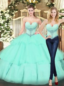 Beautiful Apple Green Organza Lace Up Sweet 16 Dress Sleeveless Floor Length Beading and Ruffled Layers