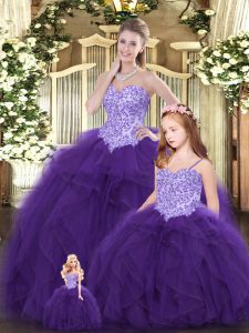 Eggplant Purple Sleeveless Beading and Ruffles Floor Length Sweet 16 Dress