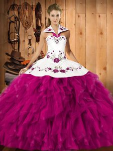 Attractive Satin and Organza Sleeveless Floor Length Quinceanera Gowns and Embroidery and Ruffles