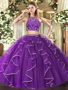 Ideal Tulle High-neck Sleeveless Zipper Beading and Ruffles Vestidos de Quinceanera in Purple