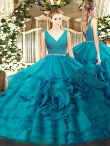 Vintage Teal Ball Gowns Beading Quinceanera Dresses Zipper Fabric With Rolling Flowers Sleeveless Floor Length