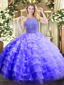 Elegant Lavender Ball Gowns Halter Top Sleeveless Organza Floor Length Zipper Beading and Ruffled Layers Ball Gown Prom Dress