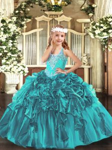 Organza V-neck Sleeveless Lace Up Beading and Ruffles Little Girls Pageant Dress Wholesale in Teal