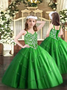 Green Sleeveless Floor Length Beading and Appliques Lace Up Pageant Gowns