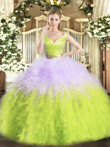 Multi-color Ball Gowns V-neck Sleeveless Organza Floor Length Zipper Ruffles Quinceanera Gowns