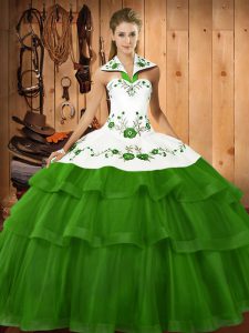 Graceful Halter Top Sleeveless Sweep Train Lace Up Quinceanera Gown Green Organza