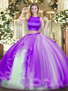 Lovely Sleeveless Tulle Floor Length Criss Cross Sweet 16 Dresses in Purple with Ruffles