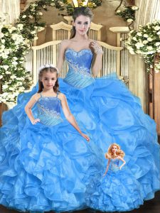 Sleeveless Floor Length Beading and Ruffles Lace Up Quinceanera Gown with Baby Blue