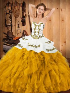 Fitting Gold Sleeveless Embroidery and Ruffles Floor Length 15th Birthday Dress