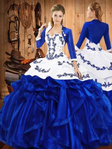 High End Embroidery and Ruffles 15th Birthday Dress Blue Lace Up Sleeveless Floor Length