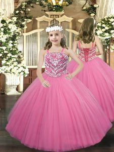Stunning Floor Length Rose Pink Winning Pageant Gowns Tulle Sleeveless Beading