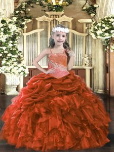 Custom Designed Ball Gowns Little Girls Pageant Gowns Rust Red Straps Organza Sleeveless Floor Length Lace Up