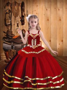 Trendy Red Ball Gowns Organza Straps Sleeveless Embroidery and Ruffled Layers Floor Length Lace Up Winning Pageant Gowns
