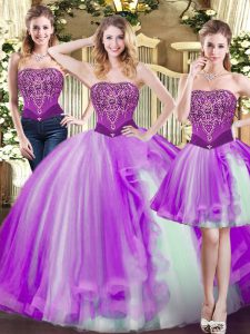 Adorable Eggplant Purple Strapless Lace Up Beading Ball Gown Prom Dress Sleeveless