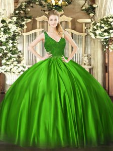 Great Floor Length Backless Quinceanera Dresses Green for Military Ball and Sweet 16 and Quinceanera with Beading and Lace