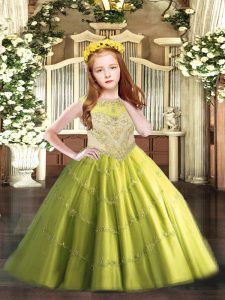 Gorgeous Olive Green Ball Gowns Beading and Appliques Little Girl Pageant Gowns Zipper Tulle Sleeveless Floor Length